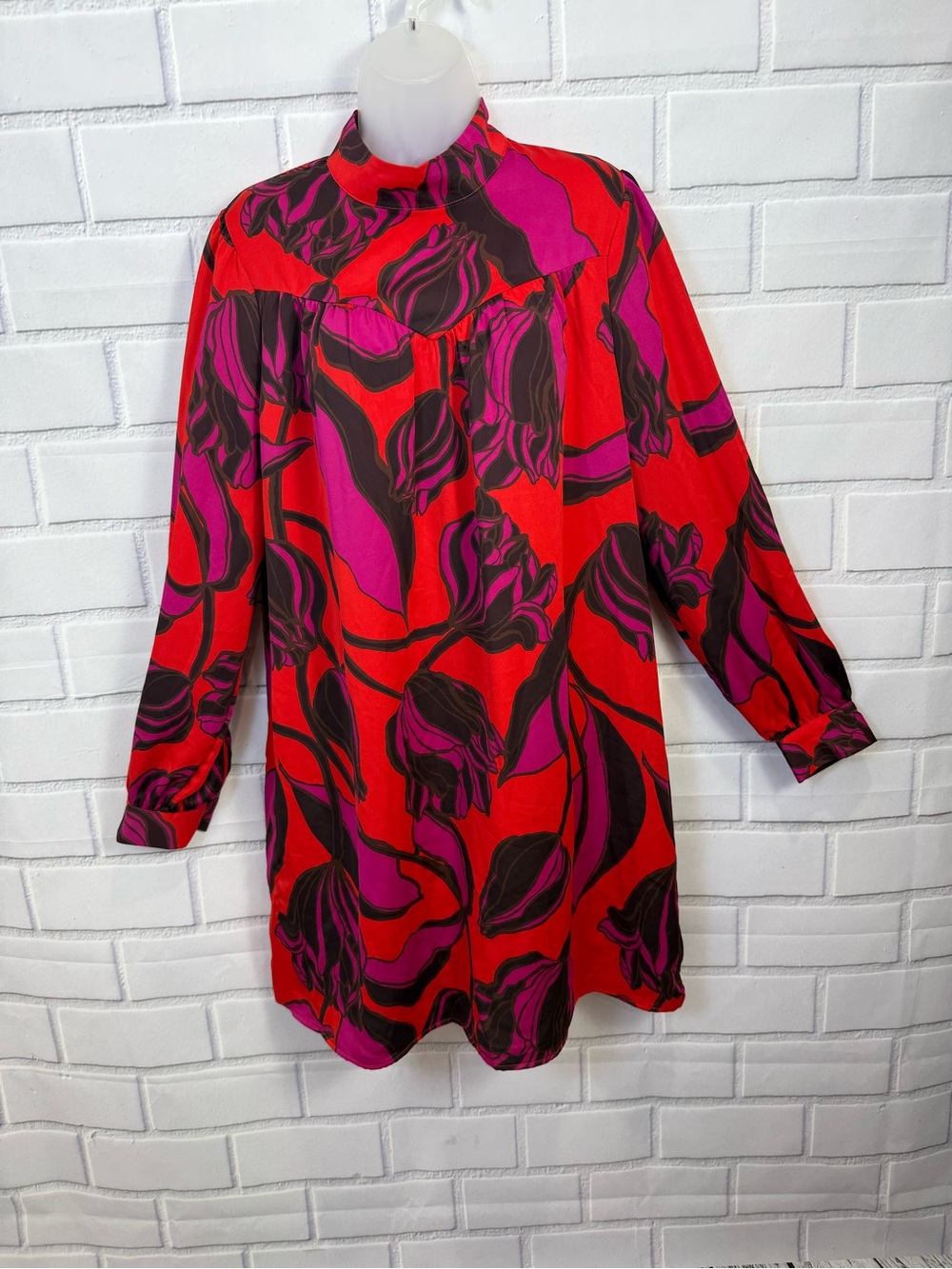 Who What Wear Floral Mock Neck Shift Dress Size L Red Pink Long Sleeve Pockets - Picture 2 of 12